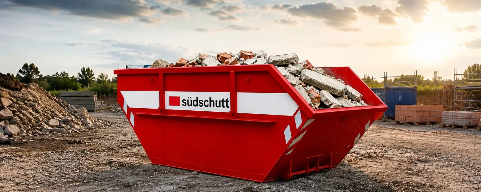 Roter Südschutt-Absetzcontainer gefüllt mit Bauschutt auf einer Baustelle